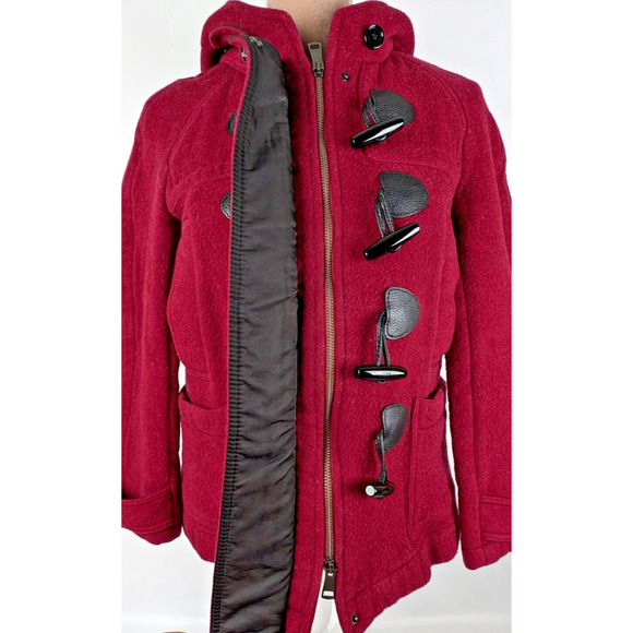 Burberry Brit Finsdale Wool Duffel Coat US 4 Red Peacoat Nova Check Toggle Hood - Picture 3 of 13